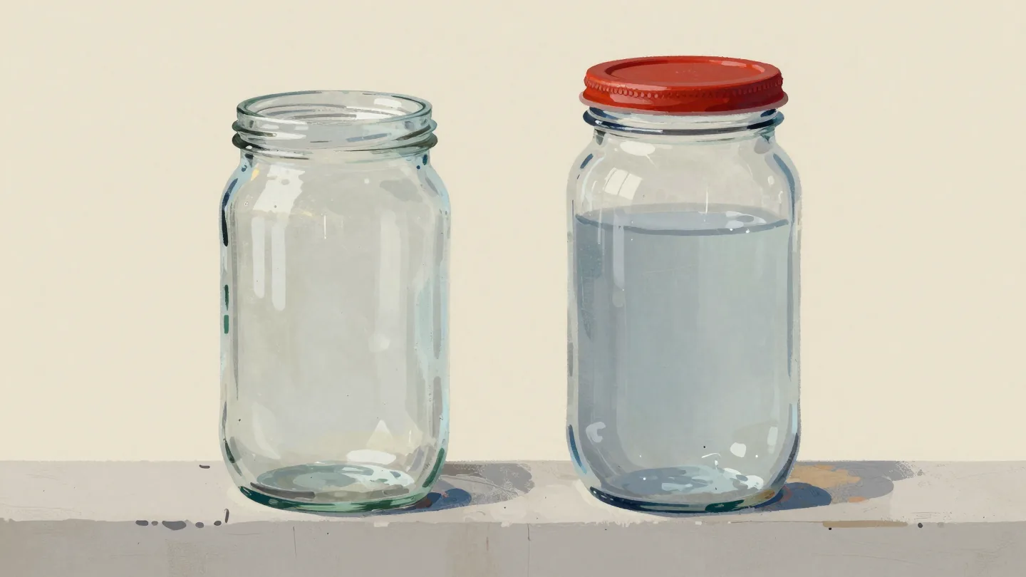 Two glass jars on a garden wall, one empty, one filled with water under a red lid