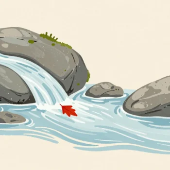 A mountain stream disappearing under a rock and flowing out again, a red leaf on it