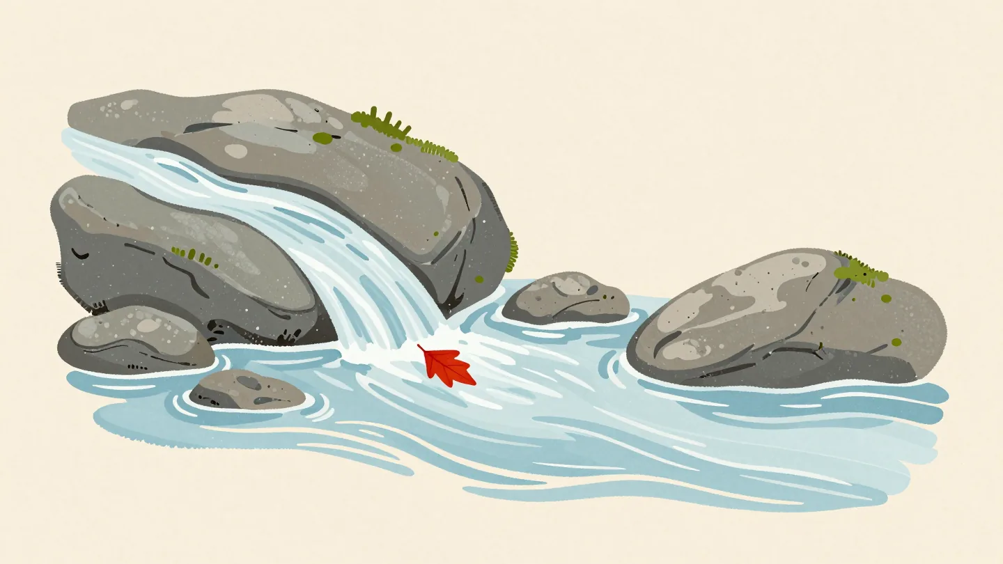 A mountain stream disappearing under a rock and flowing out again, a red leaf on it
