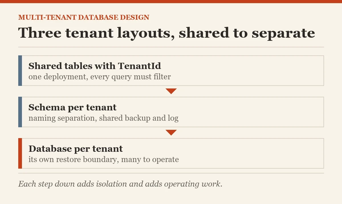Three tenant layouts, shared to separate: a diagram about the multiple customers