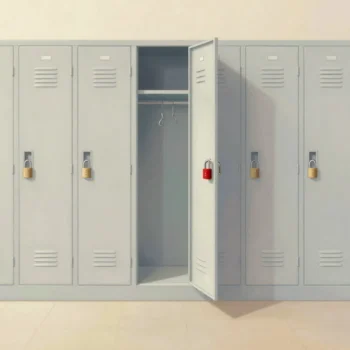 A wall of identical lockers, each with its own padlock