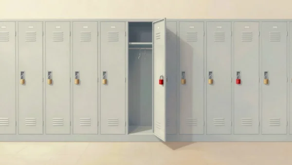 A wall of identical lockers, each with its own padlock