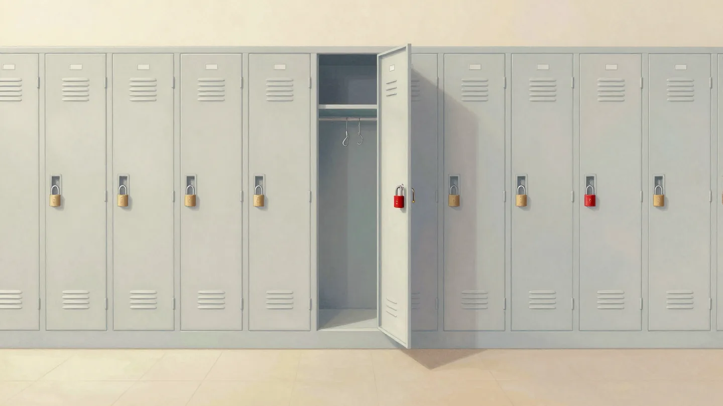 A wall of identical lockers, each with its own padlock