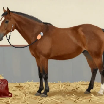 A hand holding a stethoscope to the flank of a calm chestnut horse in a stable, a closed leather bag nearby