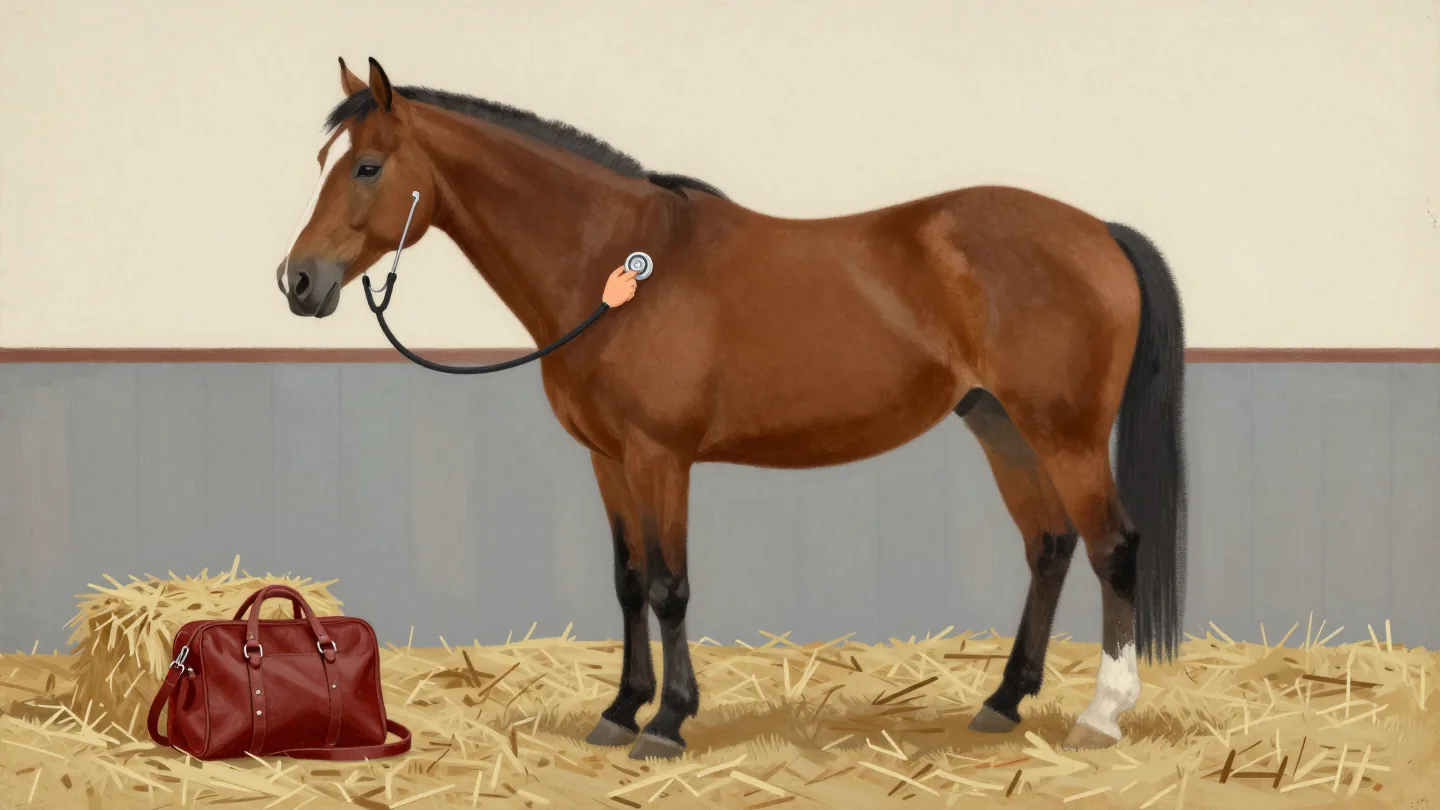 A hand holding a stethoscope to the flank of a calm chestnut horse in a stable, a closed leather bag nearby