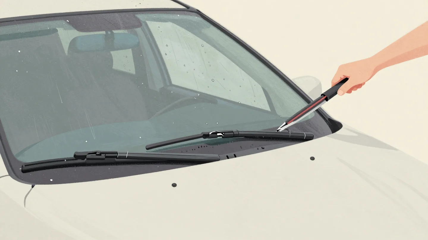 A hand fitting a new wiper blade to a parked car in the rain, the old cracked blade resting on the windshield