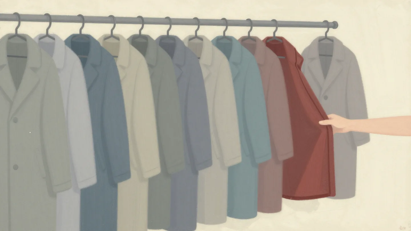 A hand checking every coat on a row of hooks for the one with a red lining