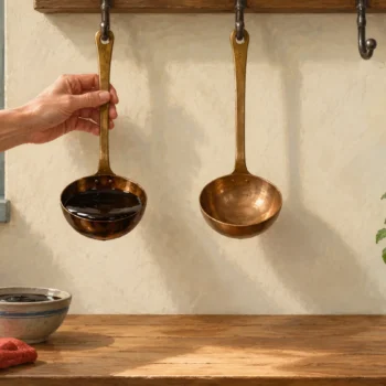 A full molasses ladle hangs beside an empty ladle and a bare hook.