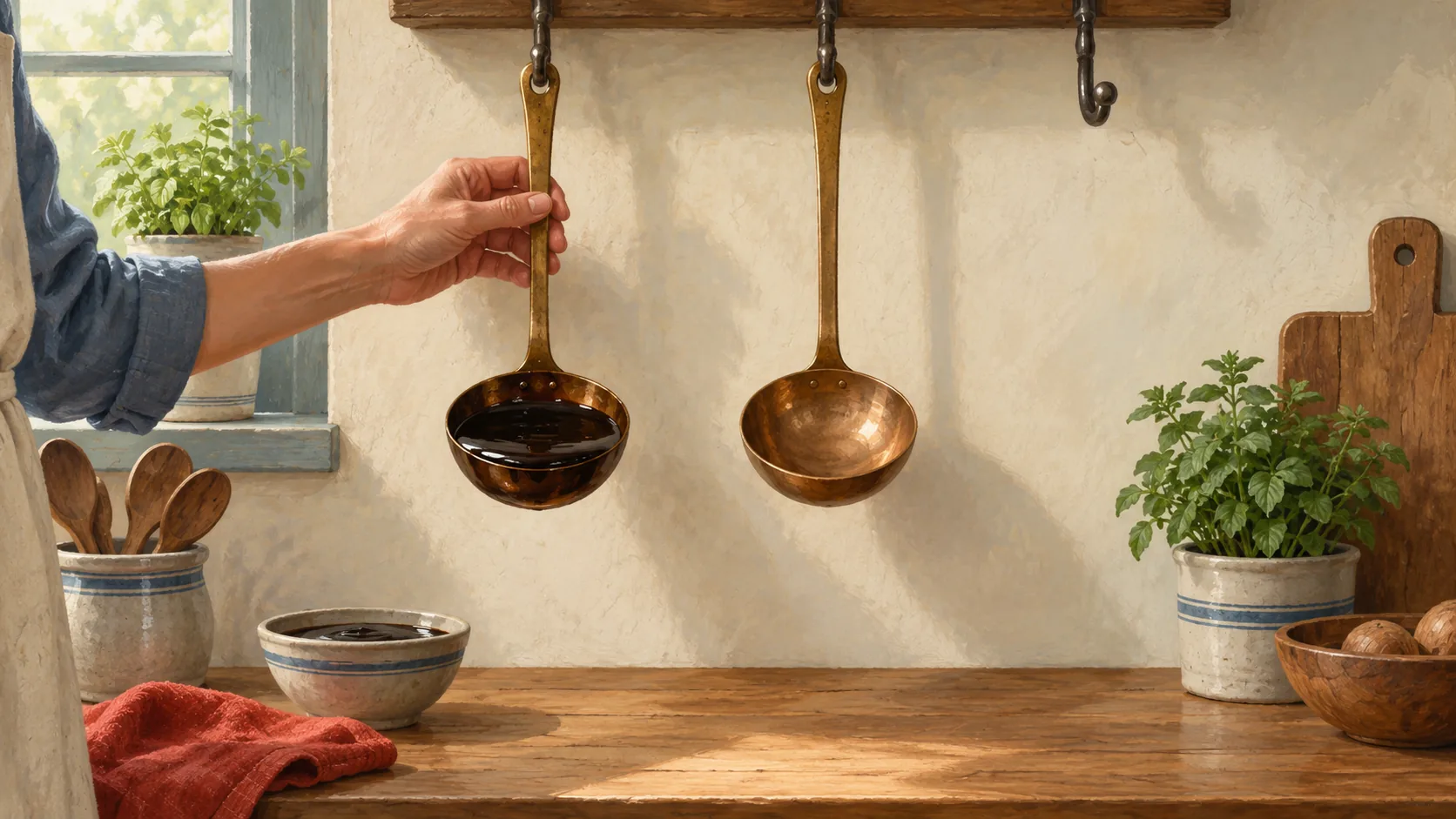 A full molasses ladle hangs beside an empty ladle and a bare hook.