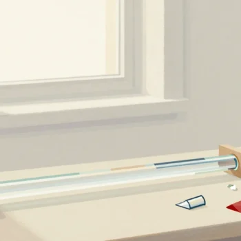 Gouache painting: on a glassworker's bench, a long clear glass cane lies against a fixed stop block that only allows whole-unit lengths