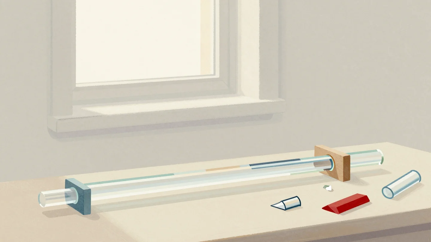 Gouache painting: on a glassworker's bench, a long clear glass cane lies against a fixed stop block that only allows whole-unit lengths