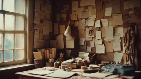 Old workshop wall covered with pinned handwritten notes above a cluttered workbench