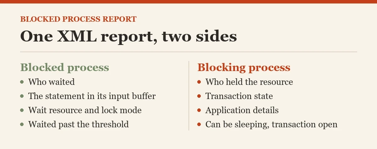 One XML report, two sides: a diagram about the blocked process report