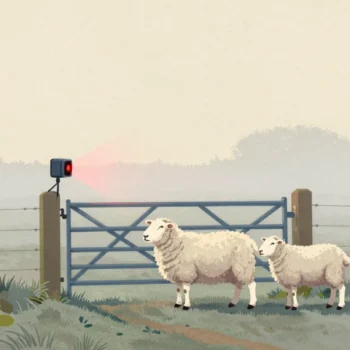 A trail camera on a fence post watches one sheep standing in a narrow gateway while another waits behind it.