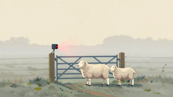 A trail camera on a fence post watches one sheep standing in a narrow gateway while another waits behind it.