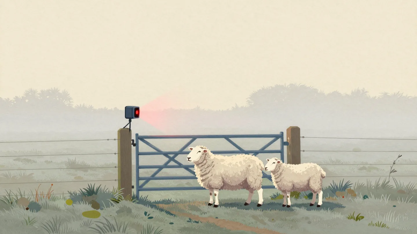 A trail camera on a fence post watches one sheep standing in a narrow gateway while another waits behind it.