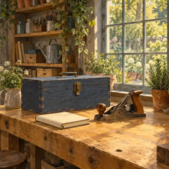 A blue toolbox, an unmarked notebook and a complete woodworking plane on a prepared bench.