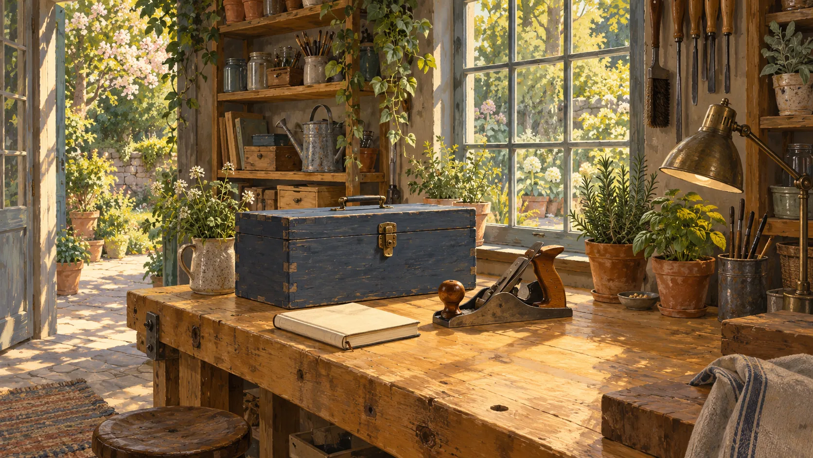 A blue toolbox, an unmarked notebook and a complete woodworking plane on a prepared bench.