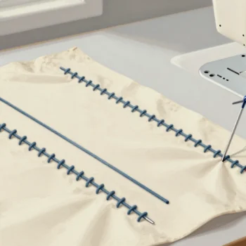 Two rows of even stitches and one plain thread line on cream fabric under a sewing machine.