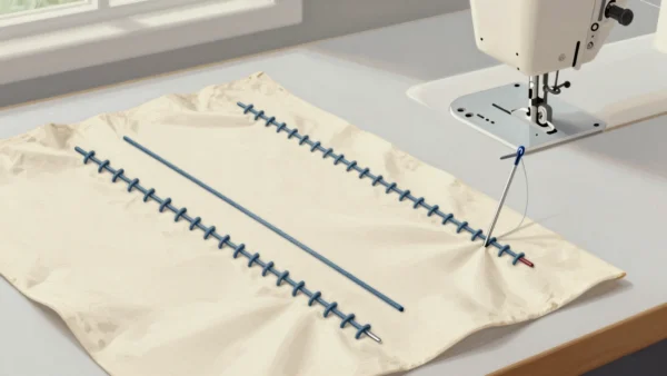 Two rows of even stitches and one plain thread line on cream fabric under a sewing machine.