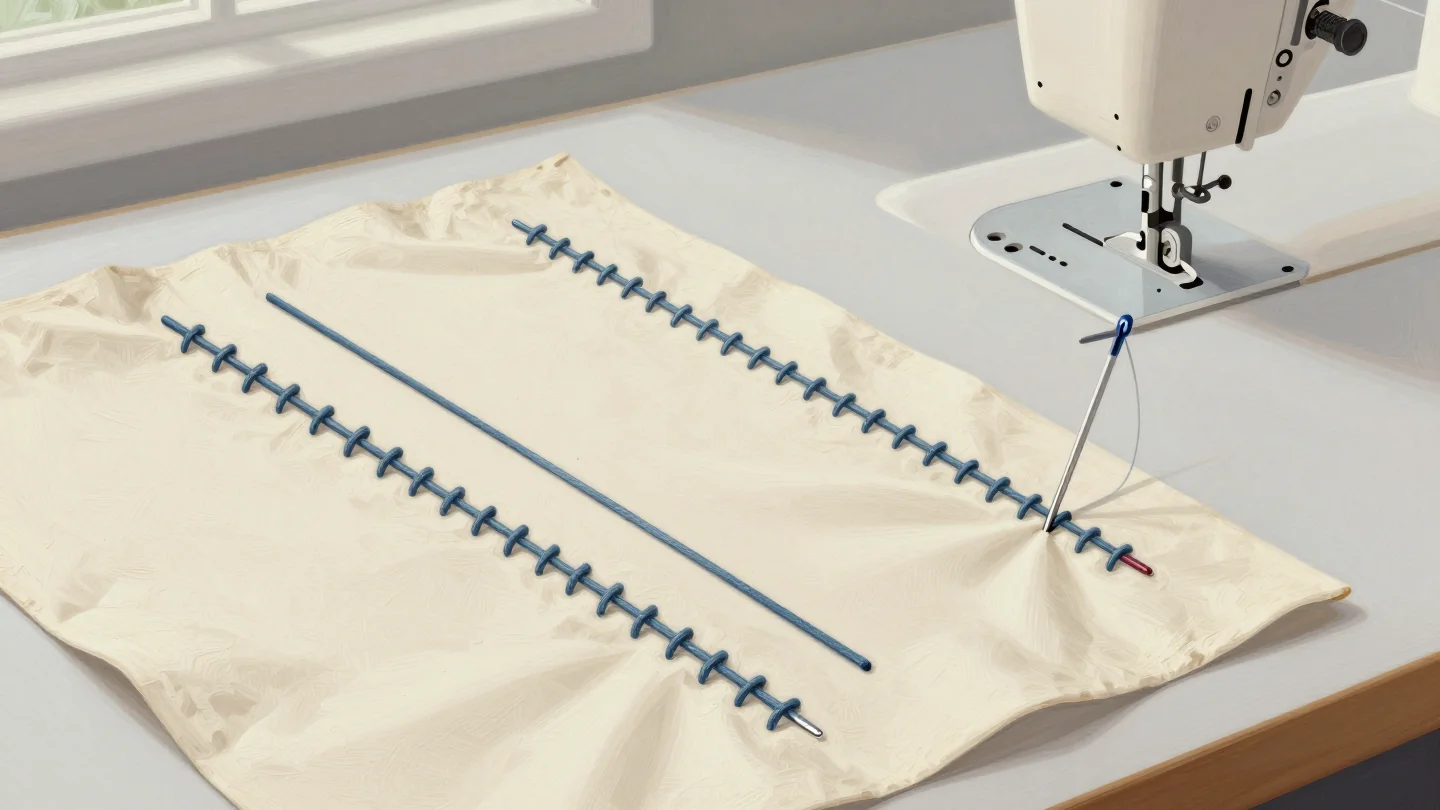 Two rows of even stitches and one plain thread line on cream fabric under a sewing machine.