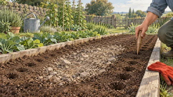 A planting dibber continues a row of holes beyond a bare rocky patch in a garden bed.