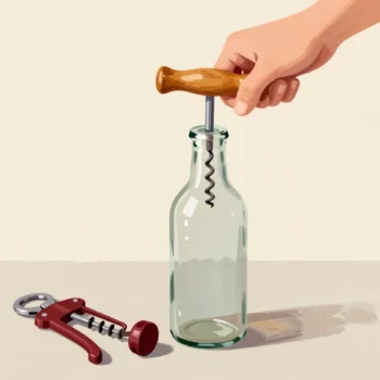 An old corkscrew screwed into a new bottle's synthetic stopper that will not budge, a newer opener nearby