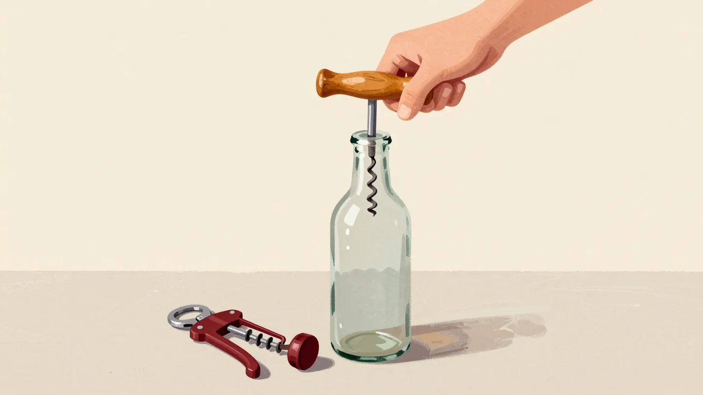An old corkscrew screwed into a new bottle's synthetic stopper that will not budge, a newer opener nearby