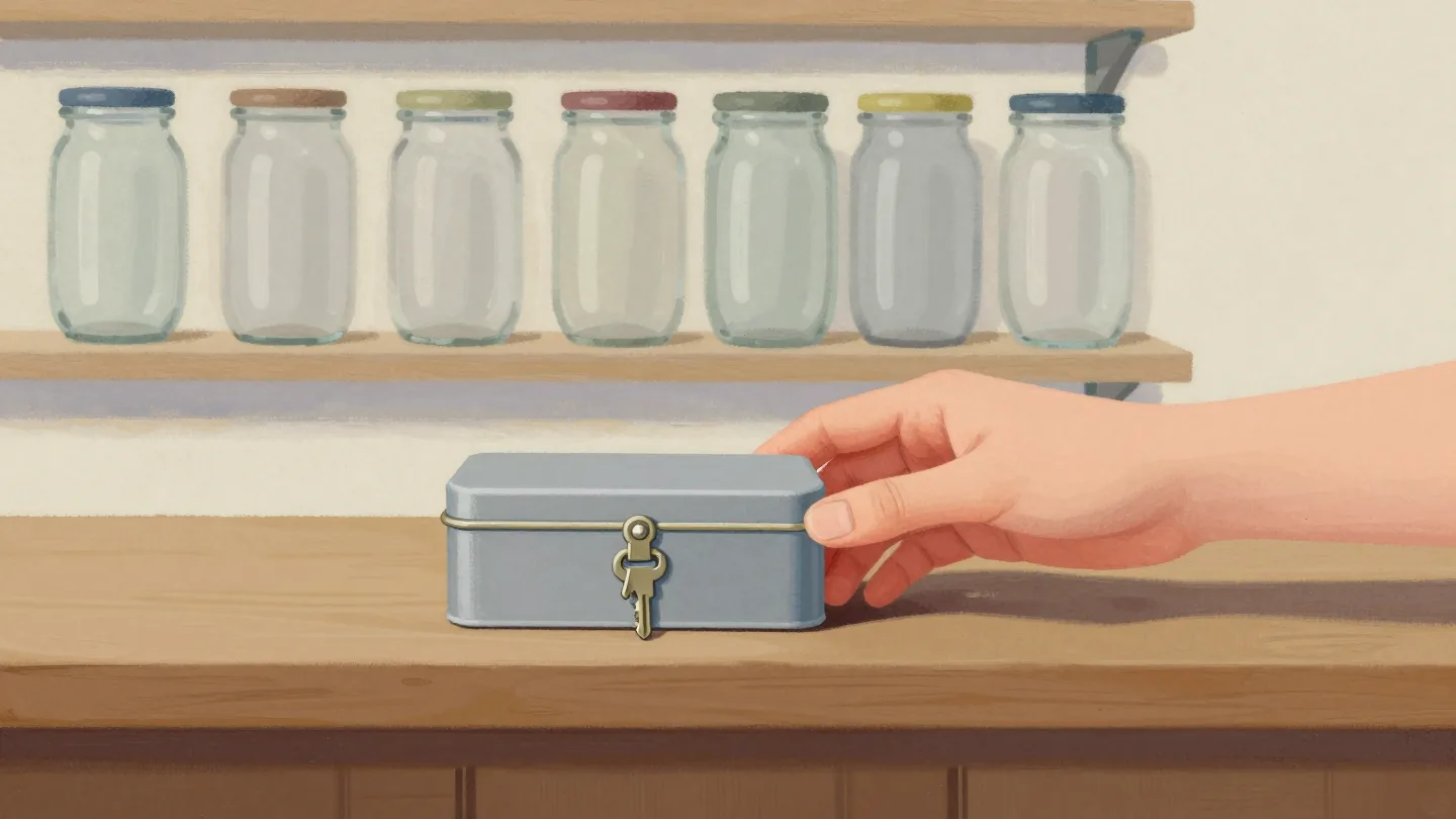 A locked tin box is handed across a shop counter while the owner's other hand keeps its only key.
