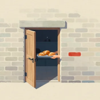 A small serving hatch in a brick wall with a tray of loaves on its ledge, the bakery kitchen hidden behind the wall