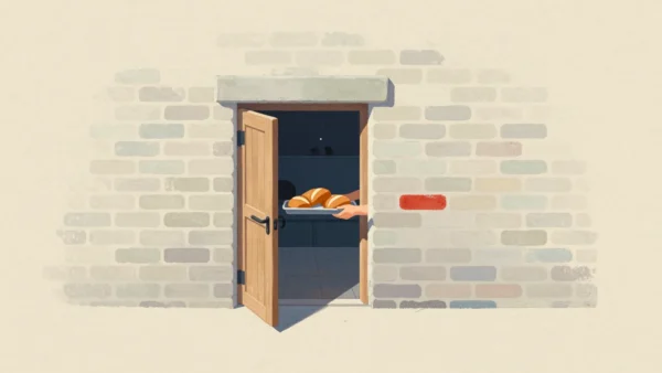 A small serving hatch in a brick wall with a tray of loaves on its ledge, the bakery kitchen hidden behind the wall
