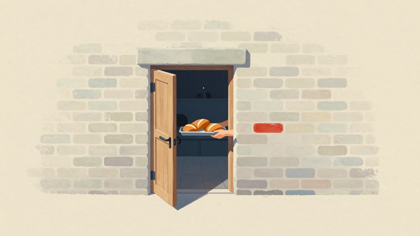 A small serving hatch in a brick wall with a tray of loaves on its ledge, the bakery kitchen hidden behind the wall