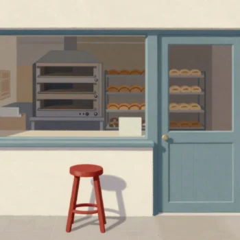A viewing window onto a bakery, a red stool in front, the door beside it closed