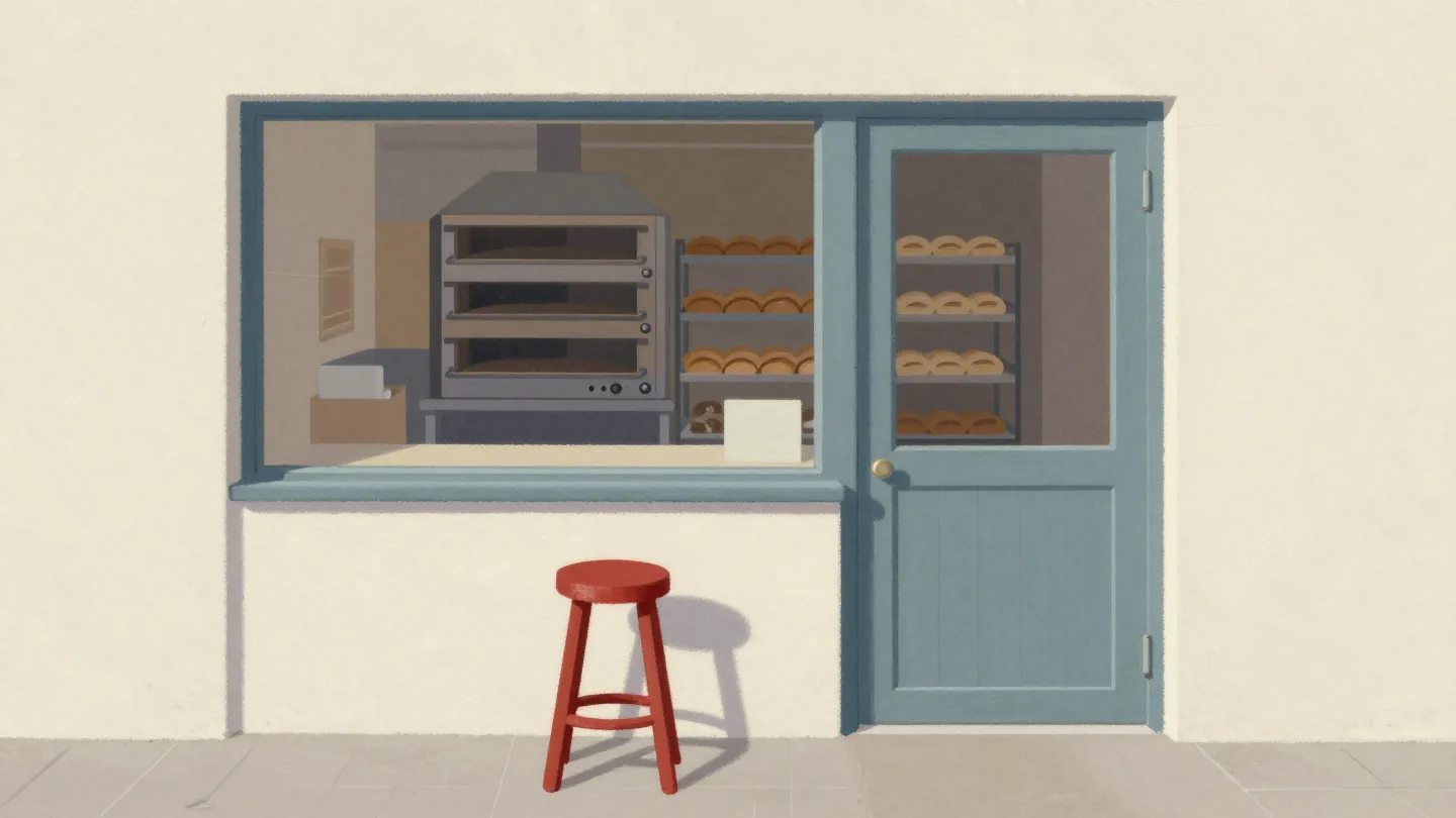 A viewing window onto a bakery, a red stool in front, the door beside it closed