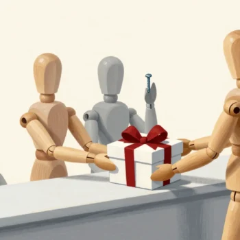 A wooden mannequin hands a neat parcel to a help desk while the next one holds only a single loose screw