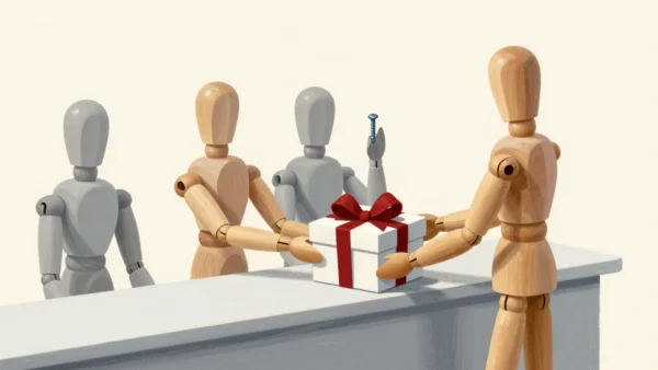 A wooden mannequin hands a neat parcel to a help desk while the next one holds only a single loose screw