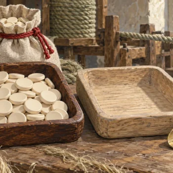 A workshop shows a full old tally tray beside a cleared new tray, with ceramic counters preserved in linen.