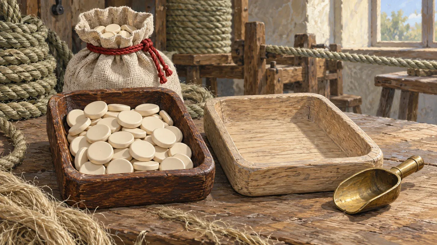 A workshop shows a full old tally tray beside a cleared new tray, with ceramic counters preserved in linen.