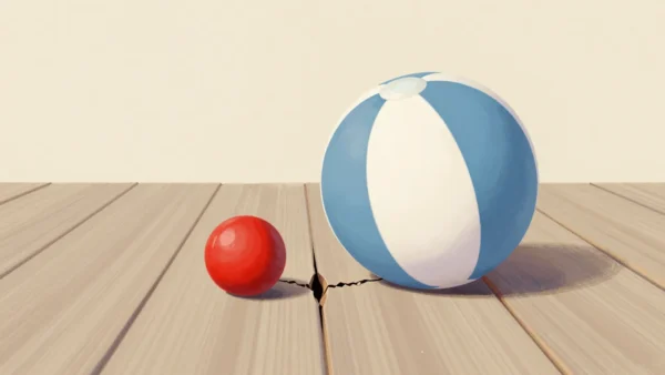 A big beach ball on sound boards beside a small red cannonball that has cracked the plank