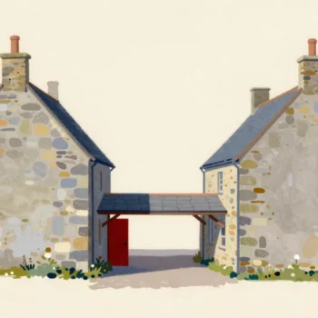 Two stone houses across a narrow lane joined by a covered footbridge, the far door slightly open.
