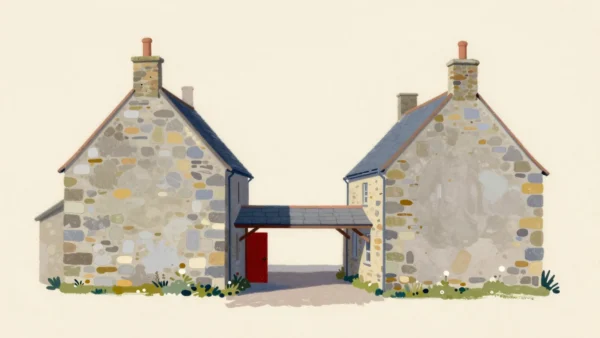 Two stone houses across a narrow lane joined by a covered footbridge, the far door slightly open.