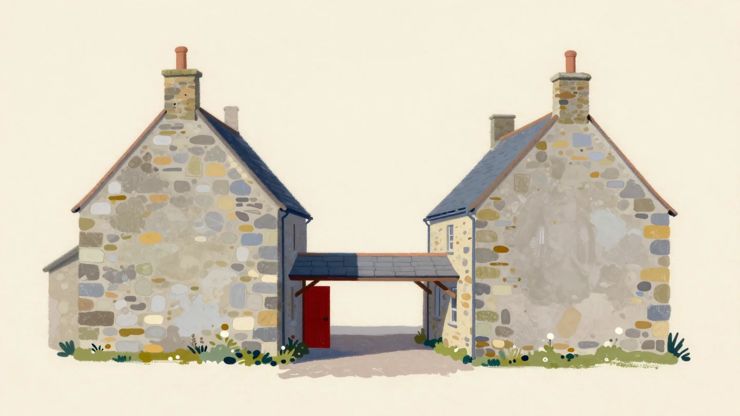 Two stone houses across a narrow lane joined by a covered footbridge, the far door slightly open.