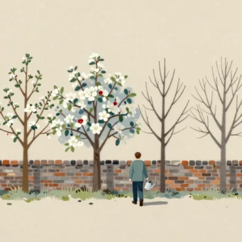 A row of blossoming apple trees along a brick wall, with two bare trees and a gardener walking toward them.
