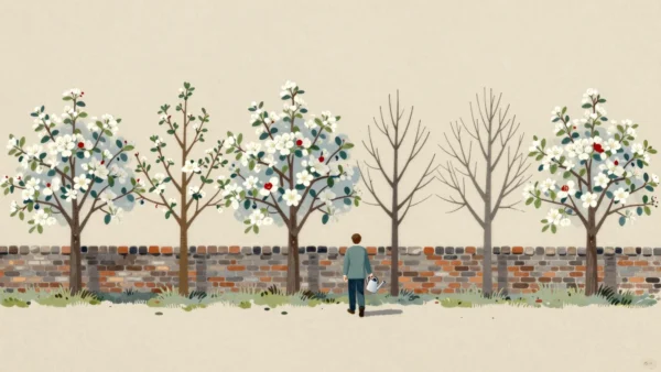 A row of blossoming apple trees along a brick wall, with two bare trees and a gardener walking toward them.