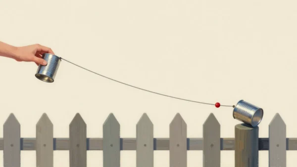 Two tin-can telephones joined by a taut string across a garden fence, one held by a hand