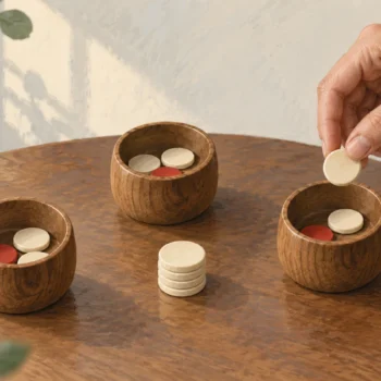 A hand deals plain counters among three cups, each already holding one red counter.