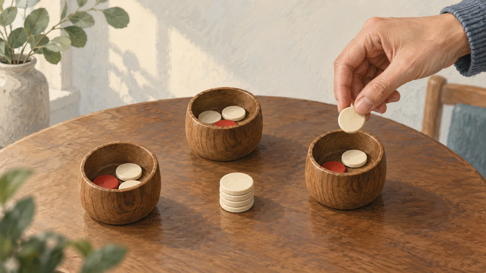 A hand deals plain counters among three cups, each already holding one red counter.