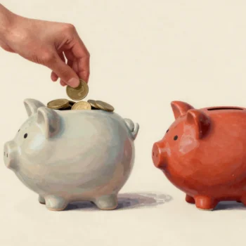 An overfull piggy bank with coins stuck in its slot, a larger empty red one beside it