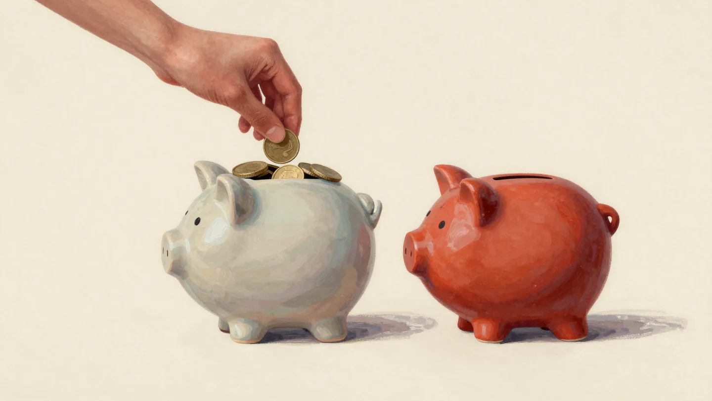 An overfull piggy bank with coins stuck in its slot, a larger empty red one beside it