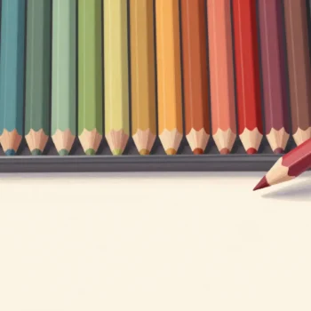 A hand placing the last red pencil into a tin of pencils sorted by color